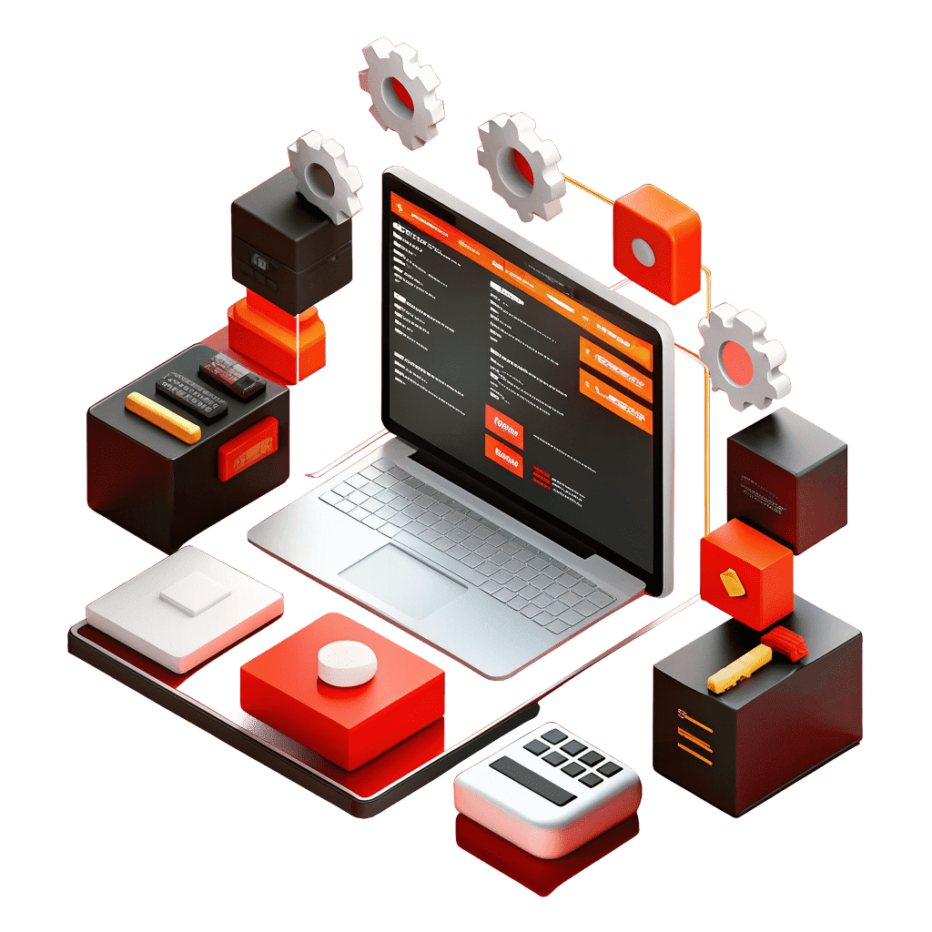 Illustration ordinateur entouré d'engrenages symbolisant le développement web